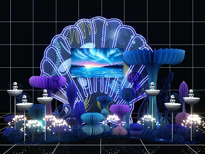 Shell Shaped Decorative Scene With Purple Blue Ornaments Seascape Screen And Fairy Lights 3d model