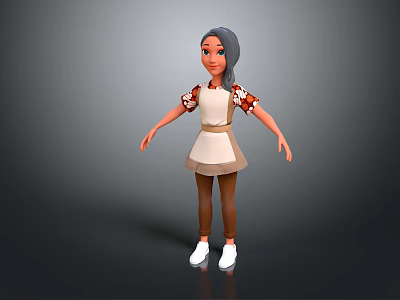 3D Female Character With Gray Hair Floral Sleeves Brown Apron Brown Pants And White Shoes 3d model