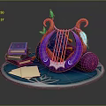 Colorful Decorative Ornament Set With Purple Harp Stack Of Books Papers And Blue Base