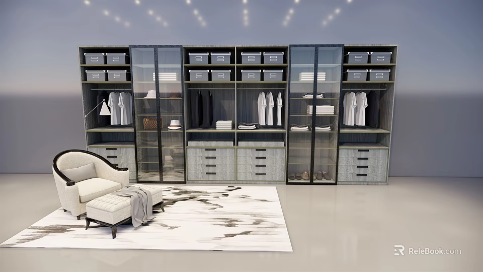 Modern Wardrobe Interior With Glass Doors Shelves Drawers And Hanging Clothes 3d model 