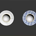 White And Blue Patterned Porcelain Cups With Gold Rim And Matching Saucers