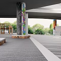 Vibrant Underpass Recreational Space With Colorful Floor And Graffiti Covered Pillars