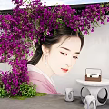 Charming Traditional Photo Spot With Purple Flowers Ancient Figure Wall And Stools