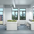 Modern Public Office Space with Large Windows Office Desks Computers Green Plants and Ergonomic Chairs