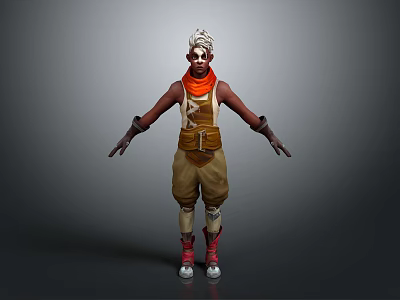 3D Fantasy Character With White Hair Orange Scarf Brown Outfit And Red Boots 3d model