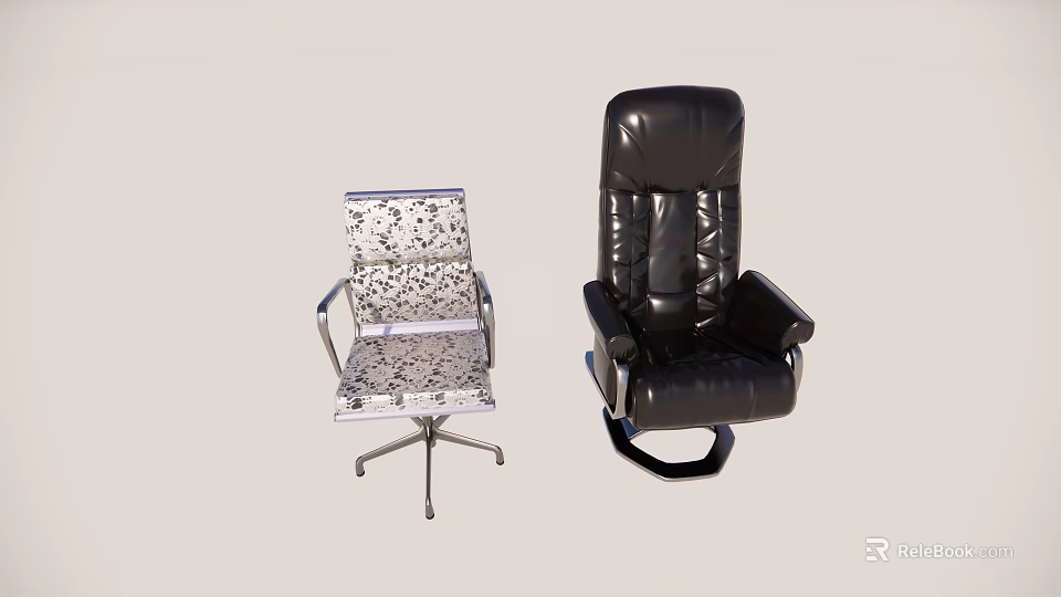 Stylish Office Chairs Featuring Black Leather Comfort And Patterned Silver Frame Design 3d model 