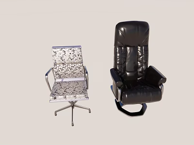Stylish Office Chairs Featuring Black Leather Comfort And Patterned Silver Frame Design 3d model