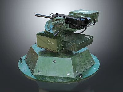 Green Military Automatic Weapon Turret System With Circular Base And Mechanical Parts 3d model