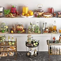 Assorted Beverages Display With Fresh Juices Tea And Fruit Garnishes On Trays And Trolleys