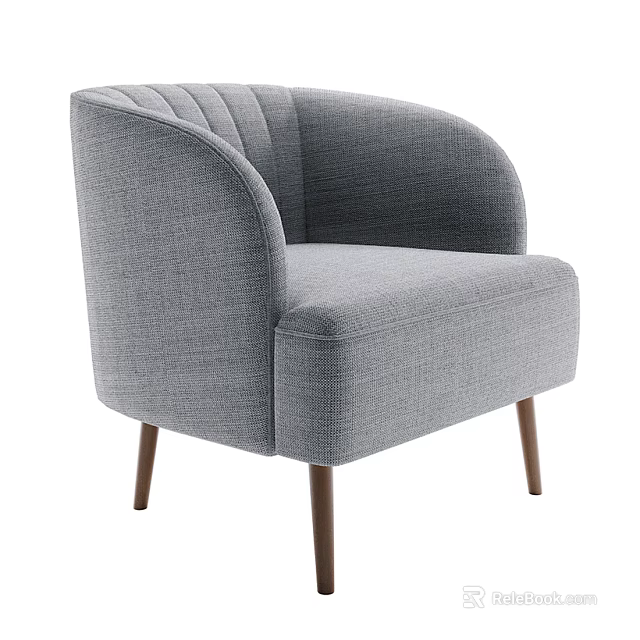 Modern Gray Upholstered Single Sofa With Curved Armrests And Brown Wooden Legs 3d model 