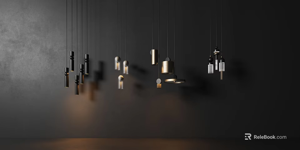 Modern Style Multiple Pendant Lights Hanging On Dark Background With Various Shapes And Illuminated Designs 3d model 