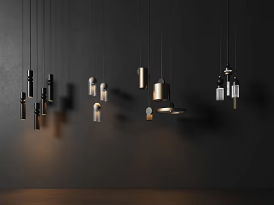 Modern Style Multiple Pendant Lights Hanging On Dark Background With Various Shapes And Illuminated Designs 3d model