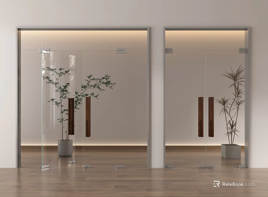 Sleek Glass Double Doors in Modern Interior with Potted Plants Warm Lighting and Wooden Floor 3d model 