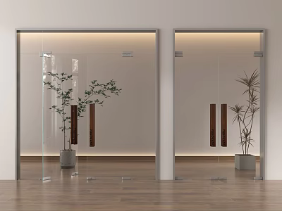 Sleek Glass Double Doors in Modern Interior with Potted Plants Warm Lighting and Wooden Floor 3d model