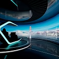 Futuristic Glowing Seat On Icy Planet Surface With Large Moon And Starry Sky