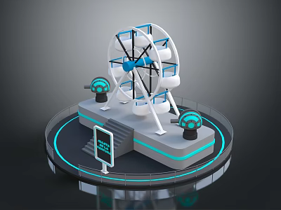 Cartoon Scene With Modern Ferris Wheel On Circular Platform Blue Glowing Lines And Spherical Orbs 3d model