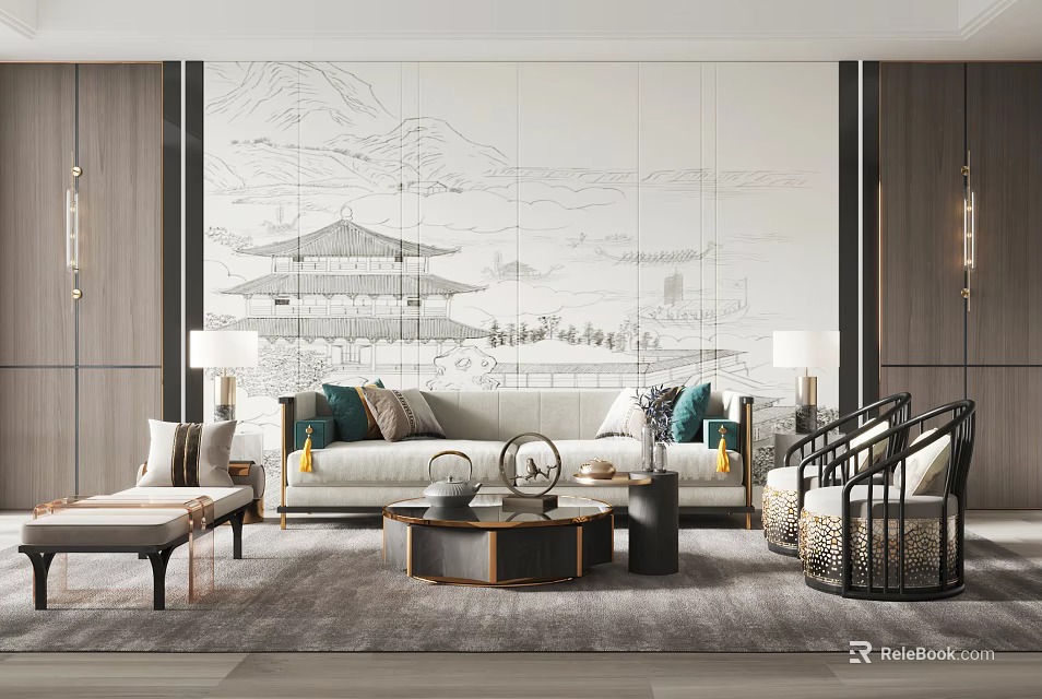 Elegant New Chinese Sofa and Coffee Table Set with Mountain Water Wall Cushions and Rug 3d model 