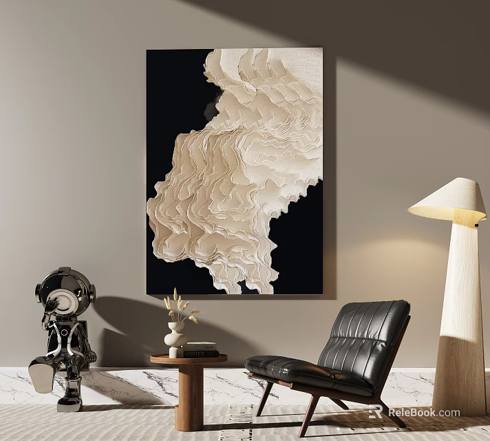 Modern Living Room Decor With Abstract Wall Art Leather Chair Floor Lamp And Vintage Camera 3d model 