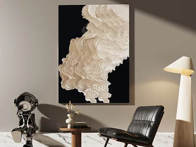 Modern Living Room Decor With Abstract Wall Art Leather Chair Floor Lamp And Vintage Camera 3d model
