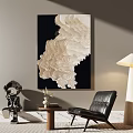 Modern Living Room Decor With Abstract Wall Art Leather Chair Floor Lamp And Vintage Camera