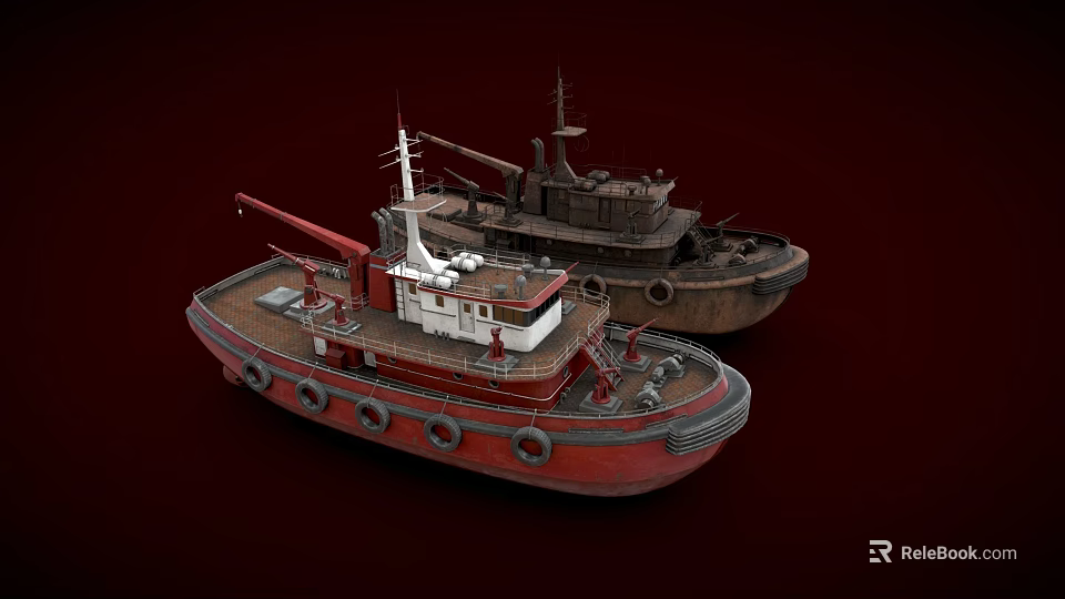 Two Distinct Boats Red Tugboat And Dark Old Vessel With Crane And Lifebuoys 3d model 