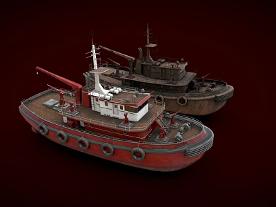Two Distinct Boats Red Tugboat And Dark Old Vessel With Crane And Lifebuoys 3d model