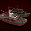 Two Distinct Boats Red Tugboat And Dark Old Vessel With Crane And Lifebuoys
