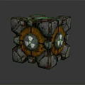 Intricate Mechanical Decorative Cube With Rustic Metal Texture And Yellow Circular Gear Patterns