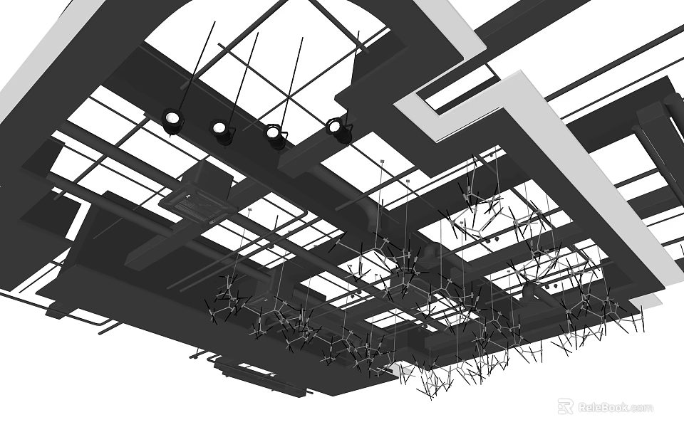 Modern Geometric Ceiling Design With Grid Structure And Hanging Lighting Fixtures 3d model