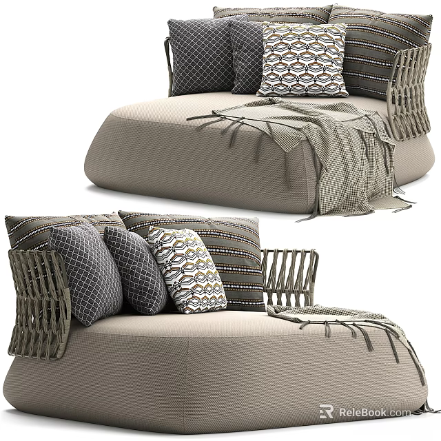 Modern Two Seater Sofa With Woven Armrests Patterned Pillows And Soft Throw Blanket 3d model