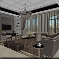 Elegant Modern Living Dining Room Interior With Sofa Coffee Table Crystal Chandelier And Large Windows