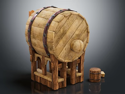 Vintage Decorative Wooden Barrel Ornament Set With Stand And Small Barrel 3d model