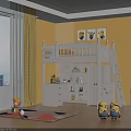 White Bunk Bed in Kids Room with Storage Shelves Yellow Walls and Minion Toys