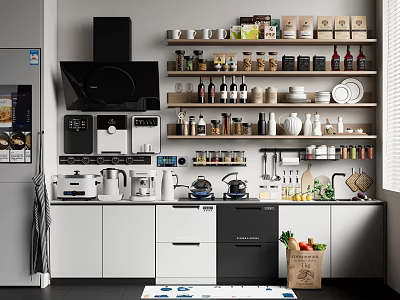 Modern Kitchen With Organized Tableware And Kitchenware Set 3d model