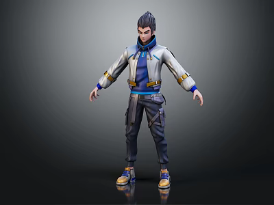 3D Character Model in Blue White Jacket with Short Hair and Yellow Shoes Standing 3d model
