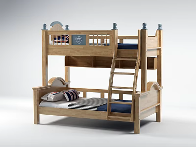 Wooden Bunk Bed With Ladder Guard Rail And Striped Blanket Pillows 3d model