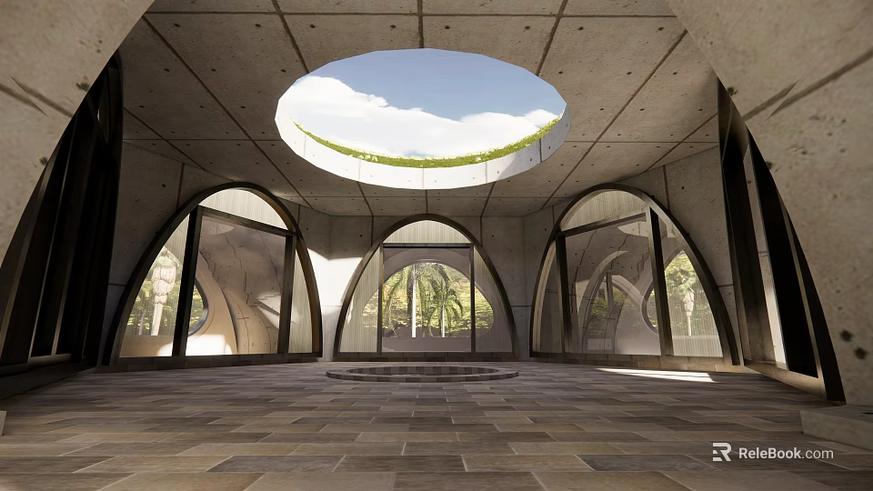 Concrete Building Interior Space With Circular Skylight Arched Windows And Stone Floor 3d model 