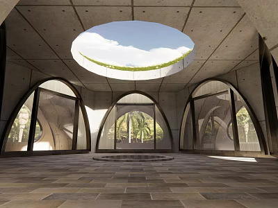 Concrete Building Interior Space With Circular Skylight Arched Windows And Stone Floor 3d model