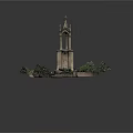 Decorative Tower Model With Circular Paved Ground And Surrounding Green Plants