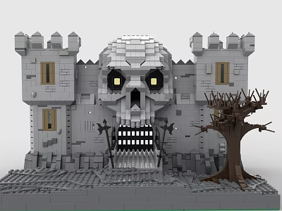 Building Blocks Skull Shaped Castle Model With Towers And Dead Tree 3d model