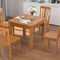 Wooden Dining Table Set With Four Chairs Vase And Tableware In Kitchen 3d model