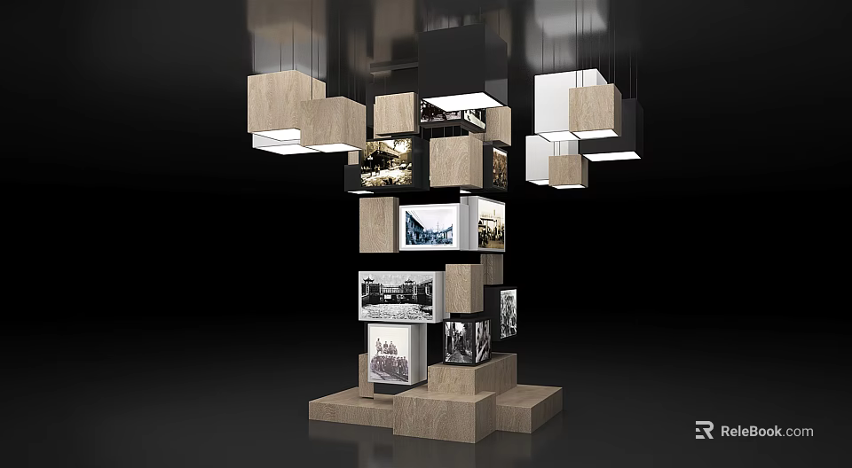 Wooden Display Column With Layered Photo Frames And Illuminated Hanging Lights 3d model 