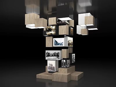 Wooden Display Column With Layered Photo Frames And Illuminated Hanging Lights 3d model