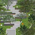 Modern Outdoor Stairs With Trees Green Plants And Orange Lights On Gray Steps