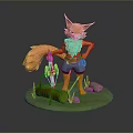 3D Orange Fox Game Character With Blue Shorts Green Base And Wood Log Skeleton Stones
