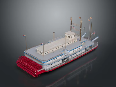 Vintage Paddlewheel Steamboat Model With Red Paddle Wheels White Hull And Flagpoles 3d model