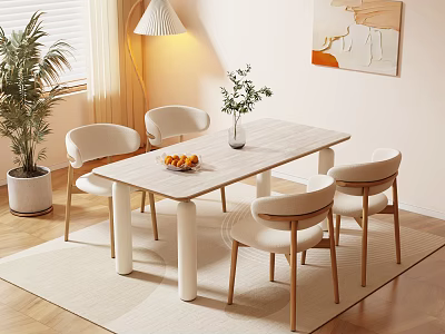 Modern Dining Table Set With Four Chairs Vase Plant And Fruit Bowl On Rug 3d model