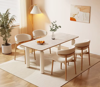 Modern Dining Table Set With Four Chairs Vase Plant And Fruit Bowl On Rug 3d model