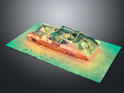 Rusted Car Frame Wreckage on Green Orange Textured Surface with Weathered Metal 3d model