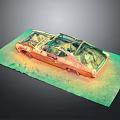 Rusted Car Frame Wreckage on Green Orange Textured Surface with Weathered Metal